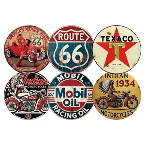 6pcs Classic Round Tin Sign Featuring Gas & Oil Design